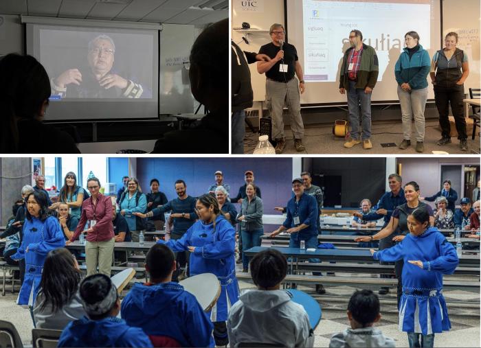 Figure 2. Top left: During a cultural orientation for out-of-town participants on the eve of the Utqiaġvik conference, UIC Science premiered a video of Indigenous elders sharing cultural insights and advice for researchers. Top right: Martin Edwardson, a Traditional Knowledge specialist at UIC science, taught participants how to pronounce a few Iñupiat words during breaks in the agenda. Photos courtesy of Jana Peirce. Bottom: Symposium participants learned movements to the mosquito dance during an evening reception with local guests at the Eben Hopson Middle School in Utqiaġvik. Photo courtesy of Lloyd Pikok/UIC Science. Figure 2. Top left: During a cultural orientation for out-of-town participants on the eve of the Utqiaġvik conference, UIC Science premiered a video of Indigenous elders sharing cultural insights and advice for researchers. Top right: Martin Edwardson, a Traditional Knowledge specialist at UIC science, taught participants how to pronounce a few Iñupiat words during breaks in the agenda. Photos courtesy of Jana Peirce. Bottom: Symposium participants learned movements to the mosquito dance during an evening r
