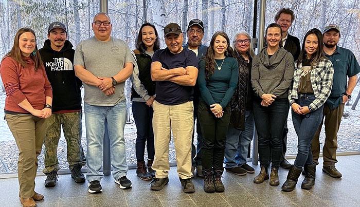 Figure 4. AAOKH Steering Group members attending 30 November 2022 meeting, from left: Donna Hauser, Guy Omnik, Billy Adams, Roberta Glenn, Robert Bobby Schaeffer, Joe Leavitt, Alexandra Ravelo, Carla SimsKayotuk, Krista Hearing, Hajo Eicken, Elizabeth Lindley, and Josh Jones. Photo courtesy of Donna Hauser. Figure 4. AAOKH Steering Group members attending 30 November 2022 meeting, from left: Donna Hauser, Guy Omnik, Billy Adams, Roberta Glenn, Robert Bobby Schaeffer, Joe Leavitt, Alexandra Ravelo, Carla SimsKayotuk, Krista Hearing, Hajo Eicken, Elizabeth Lindley, and Josh Jones. Photo courtesy of Donna Hauser.