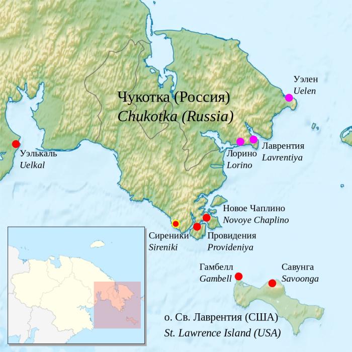 Figure 1. Map of Asian/Siberian Yupik settlements (red dots) along the Bering Strait. Image from Central Siberian Yupik Language posting on Wikipedia. Figure 1. Map of Asian/Siberian Yupik settlements (red dots) along the Bering Strait. Image from Central Siberian Yupik Language posting on Wikipedia.